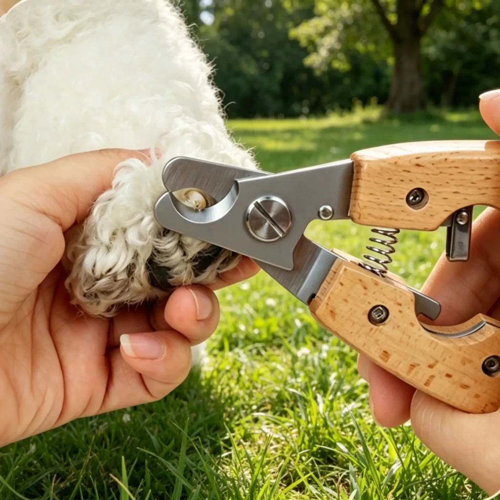 Wooden Handle Pet Nail Clipper, Spring-Loaded Stainless Steel Cutter with Safety Lock for Cats & Dogs