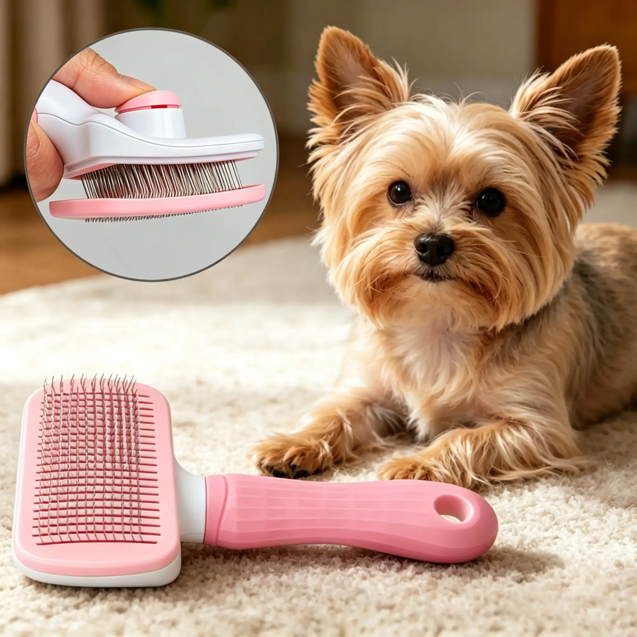 Self-Cleaning Pet Slicker Brush, Stainless Steel Pin Grooming Comb for Cats & Dogs