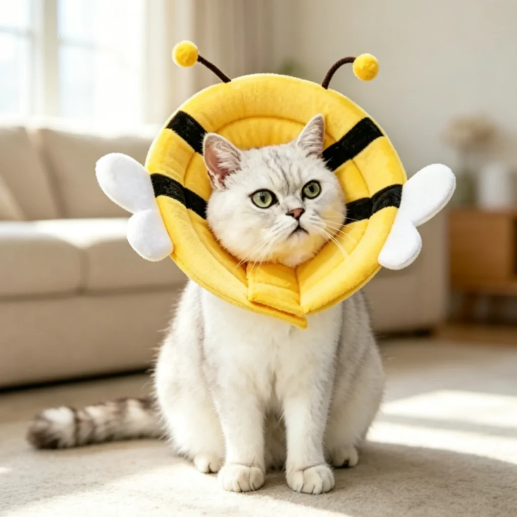 Cute Bee Soft Cat Recovery Collar, 2 Ways Wear Sponge Elizabethan Cone Prevent Licking After Surgery